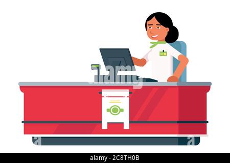 Cashier at checkout flat vector illustration Stock Vector