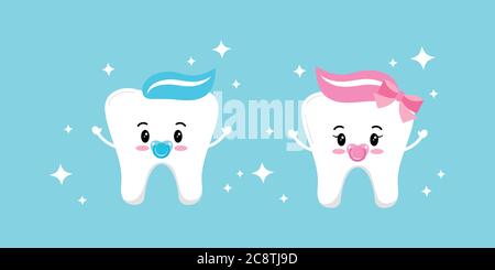 Cute baby tooth boy and girl with dummy vector set isolated on background. Stock Vector