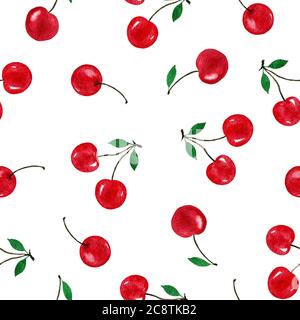 cherry seamless pattern, watercolor food illustration with hand painted red cherries, cherry background and fruit textile design Stock Photo