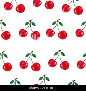 cherries seamless pattern, watercolor sweet food illustration for backgrounds, wallpaper, fabric or wrapping, summer fresh cherry fruit design Stock Photo