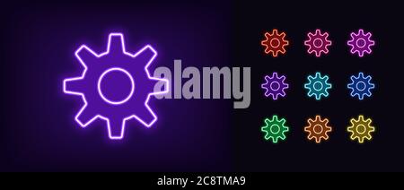 Neon gear icon. Glowing neon settings sign, gearwheel in vivid colors. Cogwheel, adjustment tool, app option, system configuration. Icon set, sign, sy Stock Vector