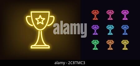 Neon award cup icon. Glowing neon goblet sign, set of trophy in vivid colors. Winner, esports event, gaming reward, cyber sport achievement. Icon set, Stock Vector