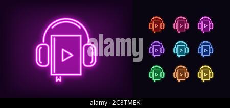 Neon audiobook icon. Glowing neon audio book sign with headphones, online library in vivid colors. Internet bookstore, online education, reading. Icon Stock Vector