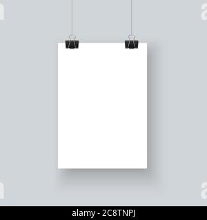 White paper poster A4 mockup hanging with paper clip realistic vector on gray wall background Stock Vector