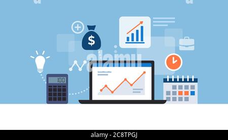 Business desktop with laptop, icons and financial app, finance and management concept Stock Vector