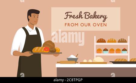 Baker holding a tray with delicious fresh bread, bakery and fresh food concept Stock Vector