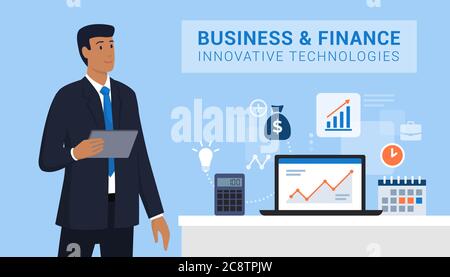 Business and finance innovative technologies: businessman holding a digital tablet and using new technologies for his business Stock Vector