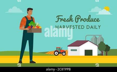 Smiling farmer holding a crate with fresh vegetables and fruits, industrial farm in the background, organic agriculture concept Stock Vector