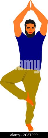 An indian man cartoon exercising on flat surface at unique posture wearing blue and olive color cloths. Stock Vector