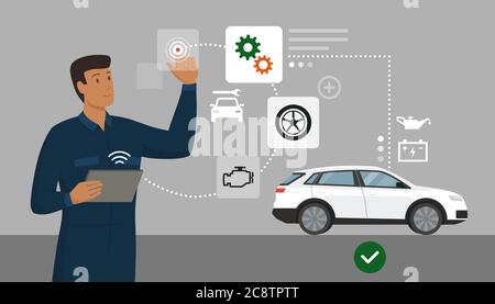 Mechanic performing a car inspection using a digital app, he is interacting with a virtual user interface, car repair and innovative technology concep Stock Vector