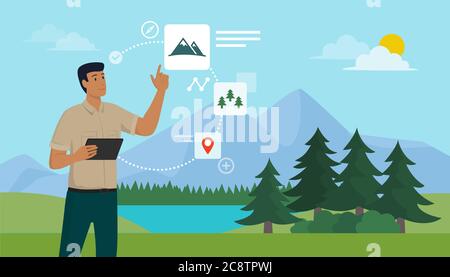 Tourist exploring nature and using a mobile app, he is interacting with a virtual user interface Stock Vector