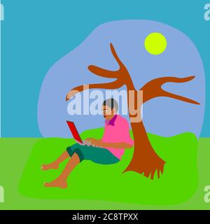 An indian village poor man cartoon operating laptop on natural field at beautiful background. Stock Vector
