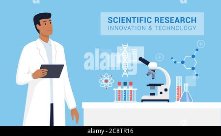 Scientific research and technology: scientist working in the lab and holding a digital tablet, scientific equipment in the foreground Stock Vector