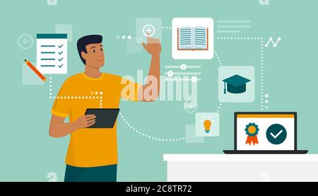 E-learning and online education: student connecting with his digital tablet and attending courses online, he is interacting with a virtual user interf Stock Vector