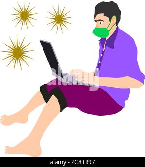 An indian man cartoon wearing facemask for coronavirus protection while working on laptop. Stock Vector