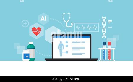 Doctor desktop with laptop, icons and medical equipment, technology and healthcare concept Stock Vector