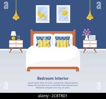 Bedroom interior. Vector web banner with place for text. Modern room design with double bed, bedside tables, and decor accessories. Home furnishings. Stock Vector