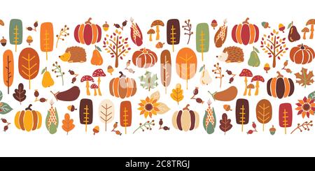 Thanksgiving seamless vector border. Seamless Autumn pattern corn tree pumpkin pear sunflower acorn greeting card repeating design. Harvest festival Stock Vector