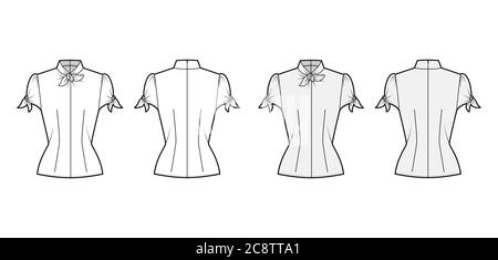 Knotted cutout blouse technical fashion illustration with high neckline, puffed volume sleeves, back zip fastening. Flat apparel template front, back white grey color. Women men unisex garment mockup Stock Vector