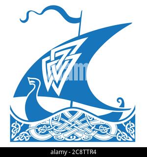 An ancient Scandinavian image of a Viking ship and celtic pattern. Drakkar logo Stock Vector