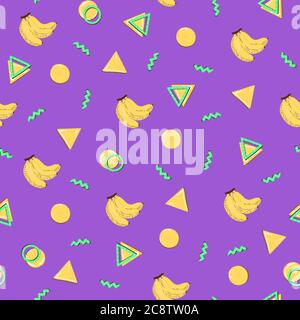 hand-drawn banana and doodle geometric illustration seamless repeat pattern Stock Photo