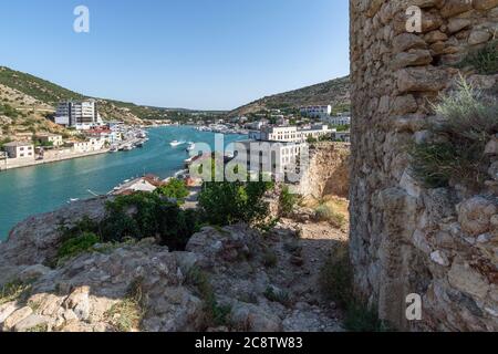 Sevastopol, Crimea - July 3. 2019. View of the Balaklava Bay from the Genoese fortress Chembalo Stock Photo