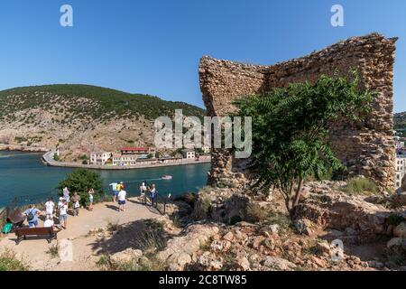 Sevastopol, Crimea - July 3. 2019. View of the Balaklava Bay from the Genoese fortress Chembalo Stock Photo