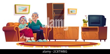Old people in room in nursing home. Elderly woman calling on mobile phone. Vector cartoon illustration of living room interior in house for retired with sofa, cupboard and tv Stock Vector