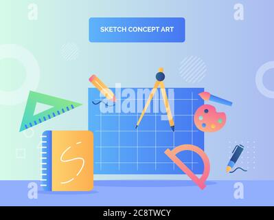 Sketch concept art concept drawing tool icon set collection book sketch ruler pain brush pencil triangle with flat style. Stock Vector