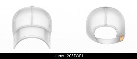 Baseball cap front and back view. Vector realistic mockup of blank white hat with stitches, visor and snap on peak. Sport uniform cap for protection head of sun isolated on transparent background Stock Vector