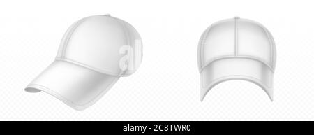 Baseball cap front and angle view. Vector realistic mockup of blank white hat with stitches, visor and snap on peak. Sport uniform cap for protection head of sun isolated on transparent background Stock Vector