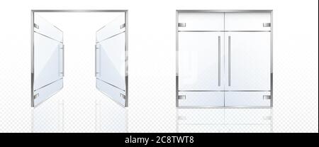 Double glass doors with metal frame and handles. Vector realistic mockup of open and closed doors isolated on transparent background. Glass gate, entrance in store, mall or office Stock Vector
