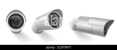Security camera in different views. Vector realistic set of cctv cam, watching system, video control of safety. Hanging web camera for surveillance and recording isolated on white background Stock Vector