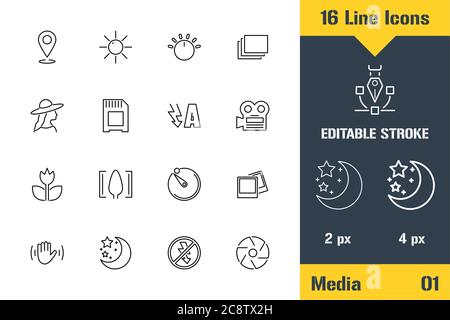 Photography, Videography, Media. Thin line icon - Outline flat vector illustration. Editable stroke pictogram. Premium quality graphics concept for we Stock Vector