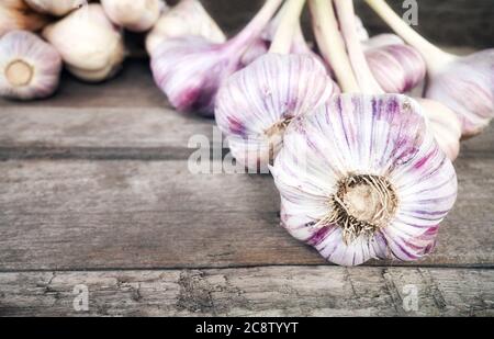 Close up picture of fresh organic garlic on a wooden table, selective focus. Stock Photo