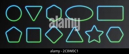 Neon gradient frames set, collection of blue-green glowing borders isolated on a dark background. Stock Vector
