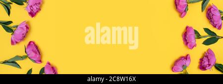 Top view of peonies flowers on a yellow background. Floral composition with copy space. Stock Photo