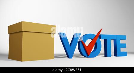 election box with blank label and blue text vote with red check mark sign isolated on white background, 3d rendering. US presidential election banner Stock Photo