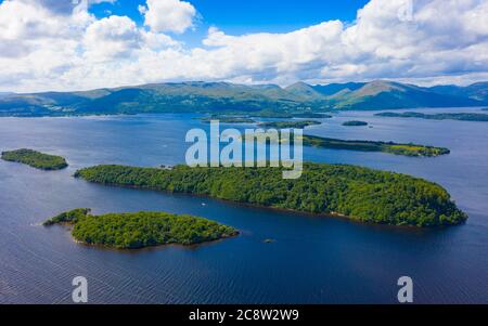 Aerial view of islands in Loch Lomond. Nearest Clairinsh, Inchcailloch and Inchfad in Loch Lomond and The Trossachs National Park,, Scotland, UK Stock Photo