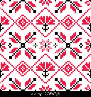 Traditional Ukrainian and Belarusian folk art vector seamlesss pattern - inspired by old cross-stitch designs Stock Vector