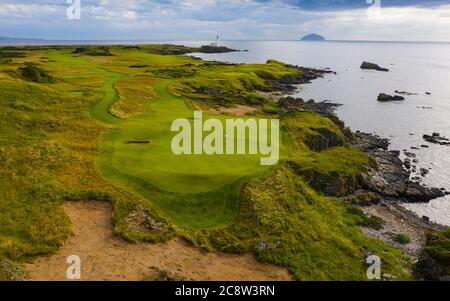 Aerial view of new Maidens 11th hole par 3 on Ailsa golf course at Trump Turnberry resort in Ayrshire, Scotland, UK Stock Photo