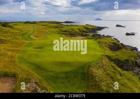 Aerial view of new Maidens 11th hole par 3 on Ailsa golf course at Trump Turnberry resort in Ayrshire, Scotland, UK Stock Photo