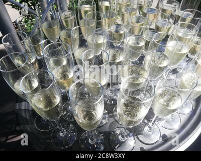 close up Champagne glasses on table Stock Photo