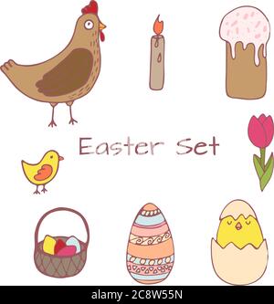 Handrawn clipart with easters elements - ckicken, basket with eggs, decorative egg, tulip, candle. Vector clipart Stock Vector