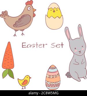 Handrawn clipart with easters elements - chicken, carrot, hen, bunny, decoorative egg, bunny. Vector clipart Stock Vector