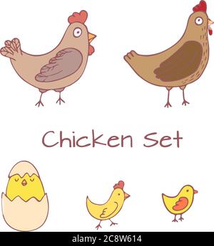 Handrawn clipart with easters elements - chicken, hen an chiken in egg, vector clipart Stock Vector