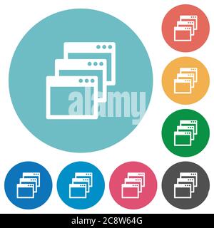 Flat Cascade window view mode icon set on round color background. Stock Vector