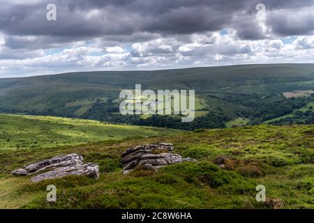 View from near Yar Tor looking West across the rivere Daet Valley on Dartmoor. Stock Photo