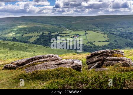 View from near Yar Tor looking West across the rivere Daet Valley on Dartmoor. Stock Photo