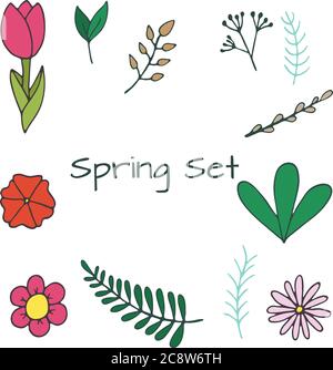 Handdrawn set of flowers and leaves. Vector clipart. Stock Vector